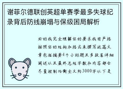 谢菲尔德联创英超单赛季最多失球纪录背后防线崩塌与保级困局解析